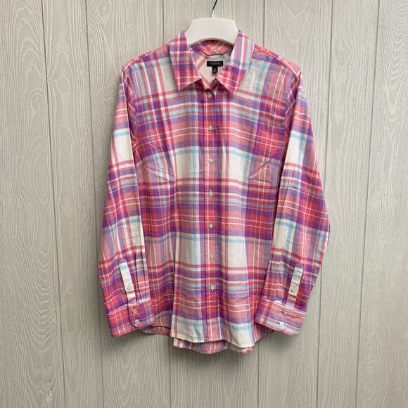 Talbots Modern Classic Pink Jingle Bell Plaid Flannel Button Top Medium NWT - Picture 2 of 6